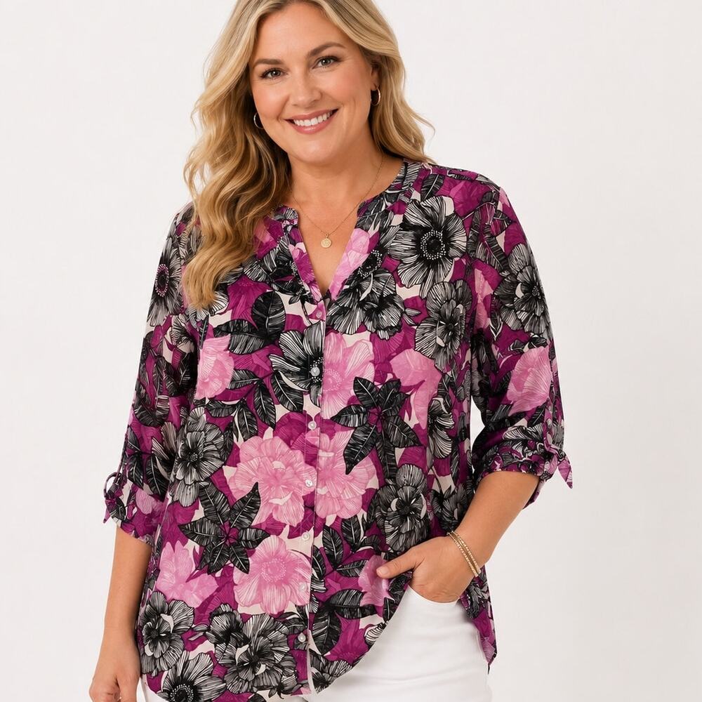 Catherines Cafe Blouse Womens Size 1X Purple Black Button Up Tie Sleeve Top